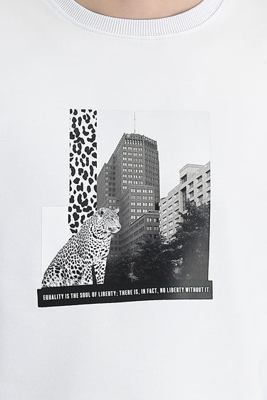 Beyaz Bisiklet Yaka Baskılı Pamuklu Sweatshirt