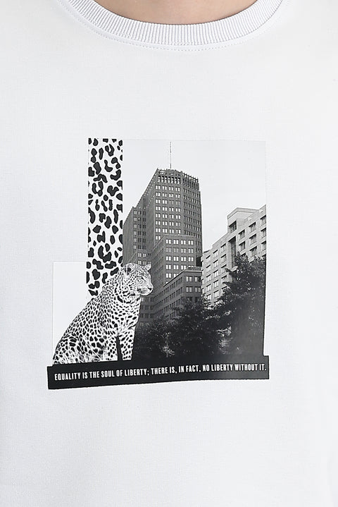 Beyaz Bisiklet Yaka Baskılı Pamuklu Sweatshirt