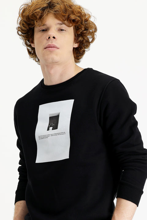 Siyah Bisiklet Yaka İçi Polarlı Baskılı Pamuklu Sweatshirt