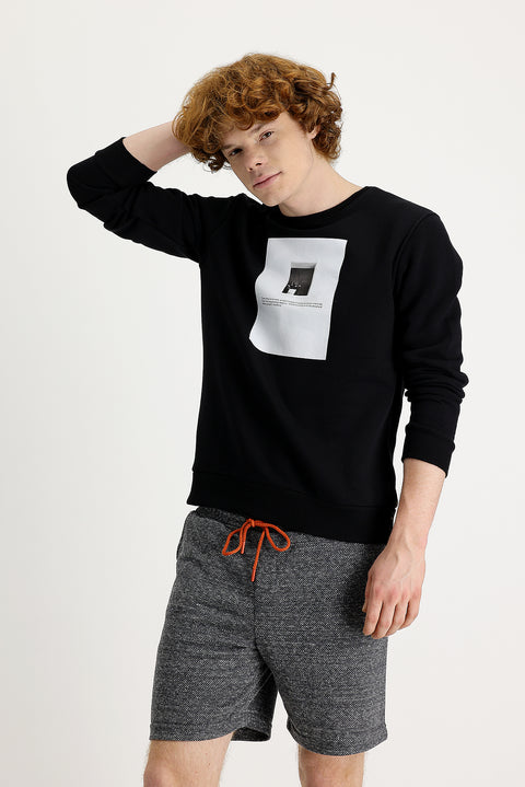 Siyah Bisiklet Yaka İçi Polarlı Baskılı Pamuklu Sweatshirt