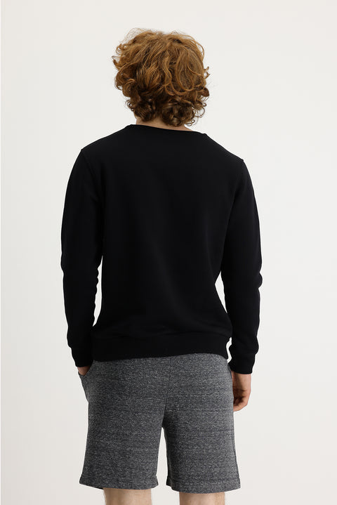 Siyah Bisiklet Yaka İçi Polarlı Baskılı Pamuklu Sweatshirt