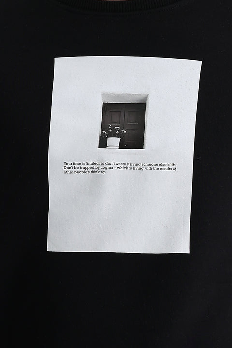 Siyah Bisiklet Yaka İçi Polarlı Baskılı Pamuklu Sweatshirt