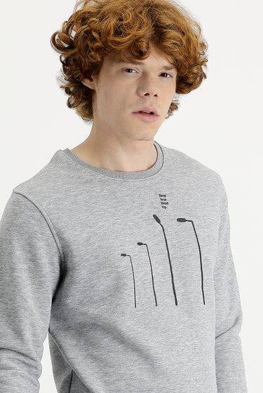 Açık Gri Melanj Bisiklet Yaka Baskılı Pamuklu Sweatshirt