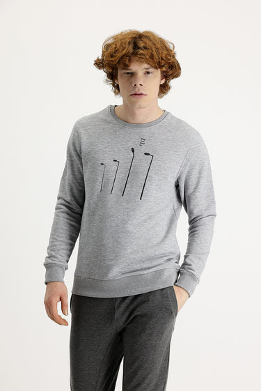 Açık Gri Melanj Bisiklet Yaka Baskılı Pamuklu Sweatshirt