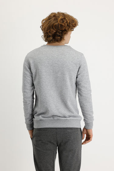 Açık Gri Melanj Bisiklet Yaka Baskılı Pamuklu Sweatshirt