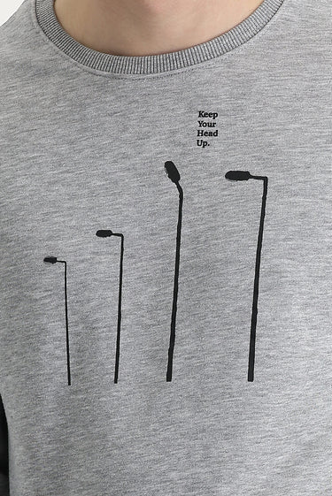Açık Gri Melanj Bisiklet Yaka Baskılı Pamuklu Sweatshirt