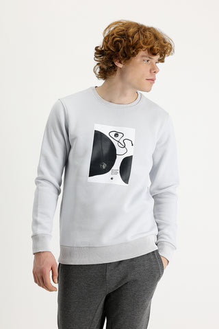  Orta Gri Bisiklet Yaka İçi Polarlı Baskılı Pamuklu Sweatshirt