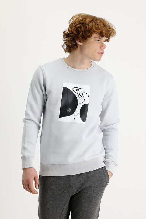 Orta Gri Bisiklet Yaka İçi Polarlı Baskılı Pamuklu Sweatshirt