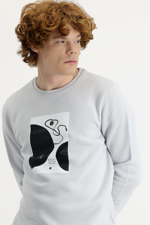 Orta Gri Bisiklet Yaka İçi Polarlı Baskılı Pamuklu Sweatshirt