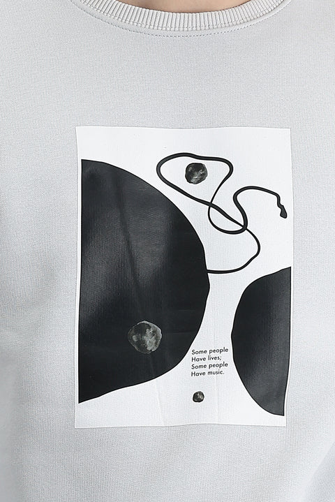 Orta Gri Bisiklet Yaka İçi Polarlı Baskılı Pamuklu Sweatshirt