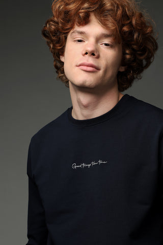  Orta Lacivert Bisiklet Yaka Nakışlı Pamuklu Sweatshirt