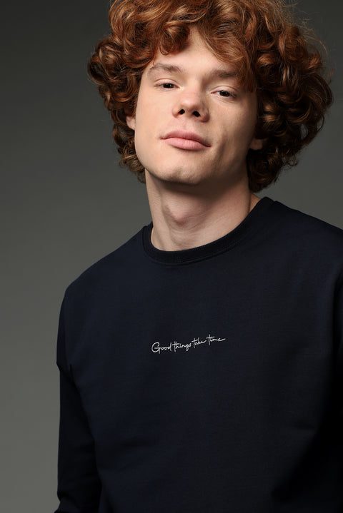 Orta Lacivert Bisiklet Yaka Nakışlı Pamuklu Sweatshirt