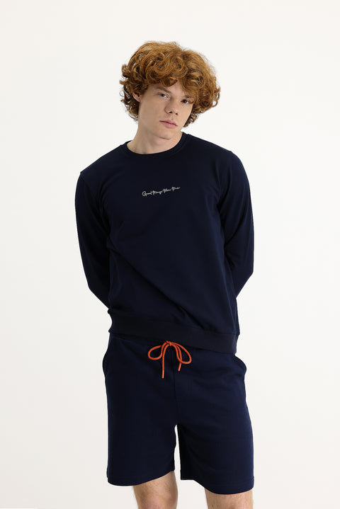 Orta Lacivert Bisiklet Yaka Nakışlı Pamuklu Sweatshirt