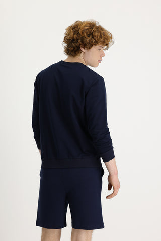  Orta Lacivert Bisiklet Yaka Nakışlı Pamuklu Sweatshirt