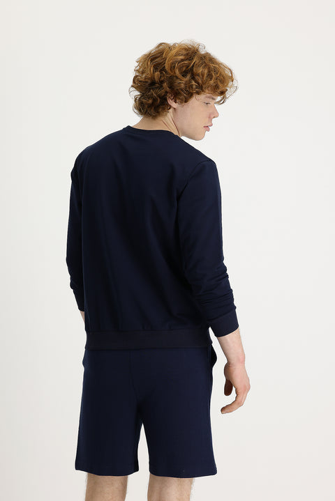 Orta Lacivert Bisiklet Yaka Nakışlı Pamuklu Sweatshirt