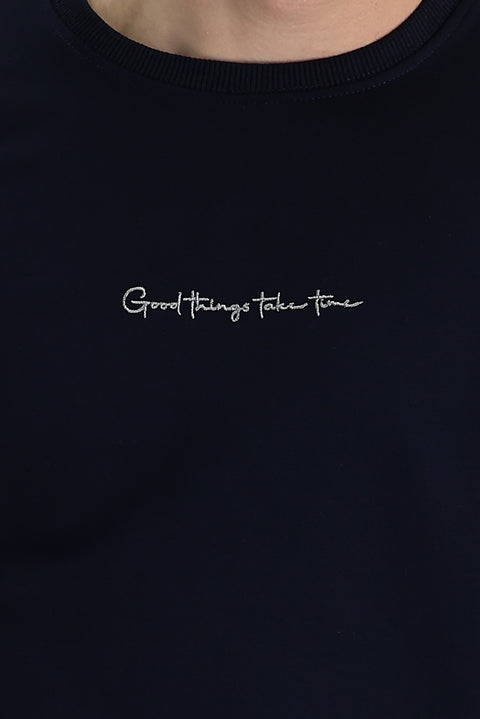 Orta Lacivert Bisiklet Yaka Nakışlı Pamuklu Sweatshirt