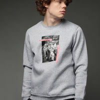 Açık Gri Melanj Bisiklet Yaka İçi Polarlı Baskılı Pamuklu Sweatshirt