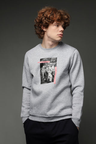  Açık Gri Melanj Bisiklet Yaka İçi Polarlı Baskılı Pamuklu Sweatshirt