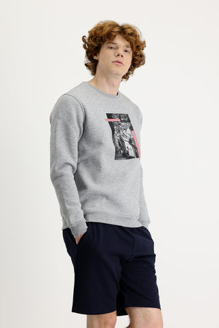  Açık Gri Melanj Bisiklet Yaka İçi Polarlı Baskılı Pamuklu Sweatshirt