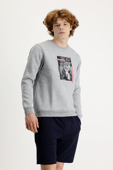 Açık Gri Melanj Bisiklet Yaka İçi Polarlı Baskılı Pamuklu Sweatshirt