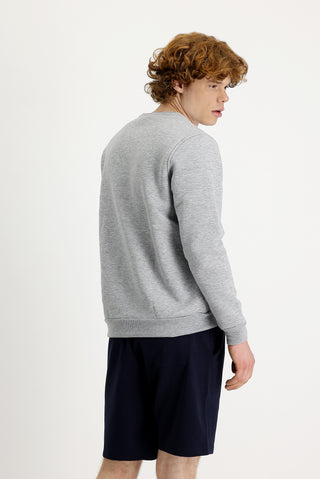 Açık Gri Melanj Bisiklet Yaka İçi Polarlı Baskılı Pamuklu Sweatshirt