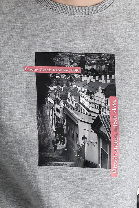 Açık Gri Melanj Bisiklet Yaka İçi Polarlı Baskılı Pamuklu Sweatshirt