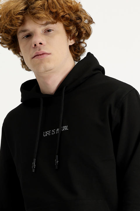 Siyah Kapüşonlu Nakışlı Pamuklu Sweatshirt