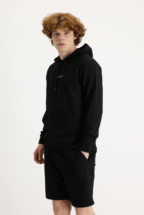 Siyah Kapüşonlu Nakışlı Pamuklu Sweatshirt