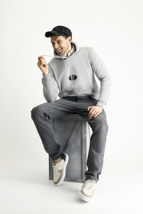 Açık Gri Melanj Kapüşonlu Baskılı Pamuklu Sweatshirt