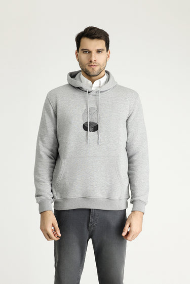  Açık Gri Melanj Kapüşonlu Baskılı Pamuklu Sweatshirt