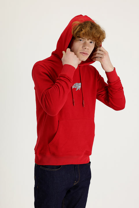 Bayrak Kırmızı Kapüşonlu Nakışlı Pamuklu Sweatshirt