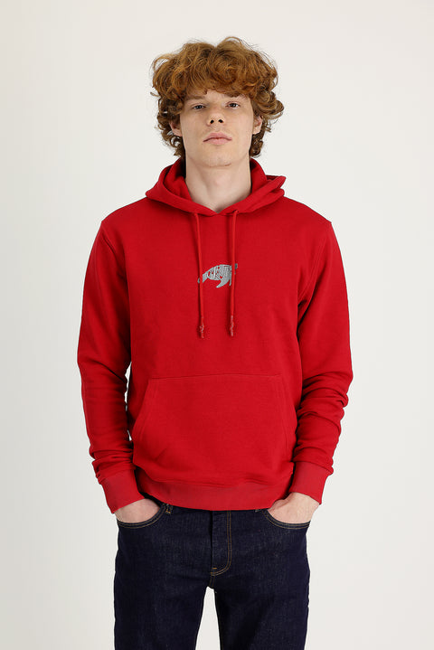 Bayrak Kırmızı Kapüşonlu Nakışlı Pamuklu Sweatshirt