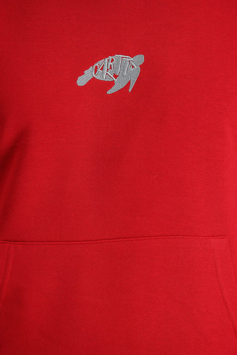 Bayrak Kırmızı Kapüşonlu Nakışlı Pamuklu Sweatshirt