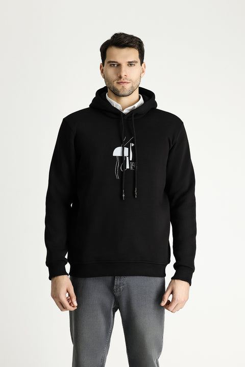 Siyah Kapüşonlu Baskılı Pamuklu Sweatshirt