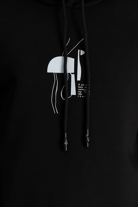 Siyah Kapüşonlu Baskılı Pamuklu Sweatshirt