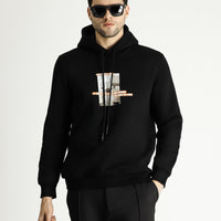 Siyah Kapüşonlu İçi Polarlı Baskılı Pamuklu Sweatshirt