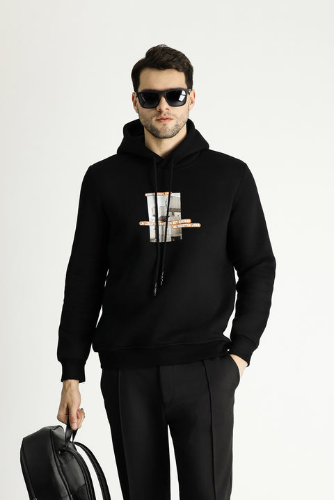 Siyah Kapüşonlu İçi Polarlı Baskılı Pamuklu Sweatshirt