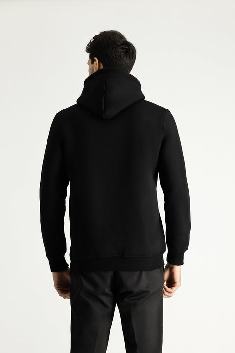 Siyah Kapüşonlu İçi Polarlı Baskılı Pamuklu Sweatshirt