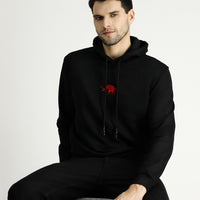 Siyah Kapüşonlu Nakışlı Pamuklu Sweatshirt