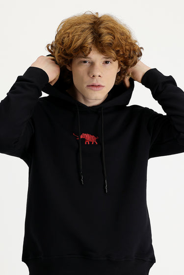  Siyah Kapüşonlu Nakışlı Pamuklu Sweatshirt