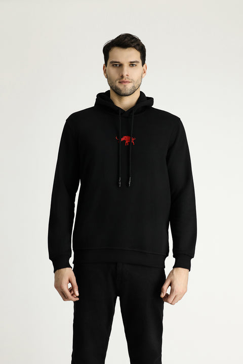 Siyah Kapüşonlu Regular Fit Pamuklu Nakışlı 3 İplik Sweatshirt