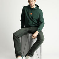 Koyu Yeşil Kapüşonlu Nakışlı Pamuklu Sweatshirt