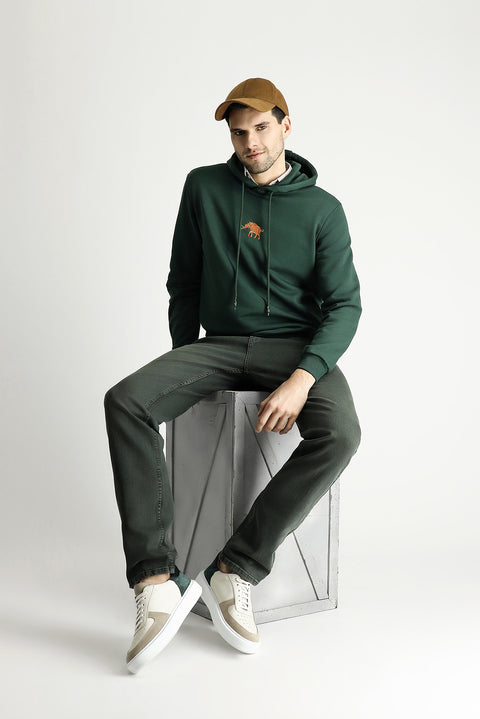Koyu Yeşil Kapüşonlu Regular Fit Pamuklu Nakışlı 3 İplik Sweatshirt