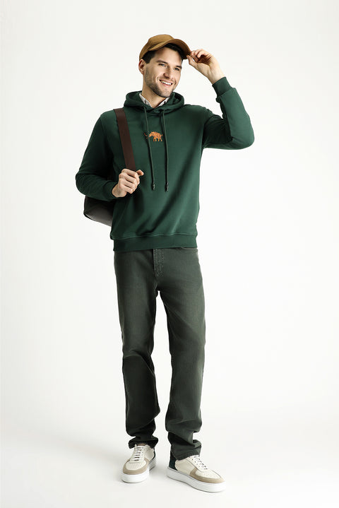 Koyu Yeşil Kapüşonlu Regular Fit Pamuklu Nakışlı 3 İplik Sweatshirt