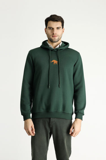  Koyu Yeşil Kapüşonlu Nakışlı Pamuklu Sweatshirt