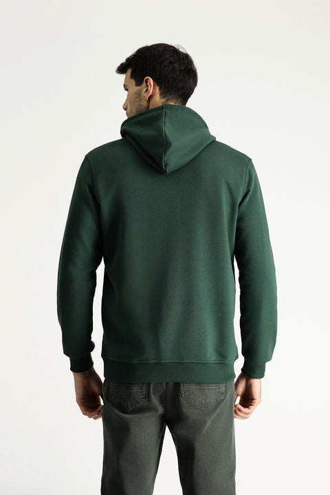 Koyu Yeşil Kapüşonlu Regular Fit Pamuklu Nakışlı 3 İplik Sweatshirt
