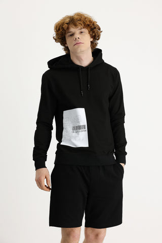  Siyah Kapüşonlu Baskılı Pamuklu Sweatshirt
