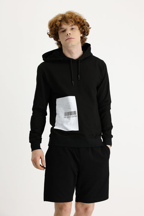 Siyah Kapüşonlu Baskılı Pamuklu Sweatshirt