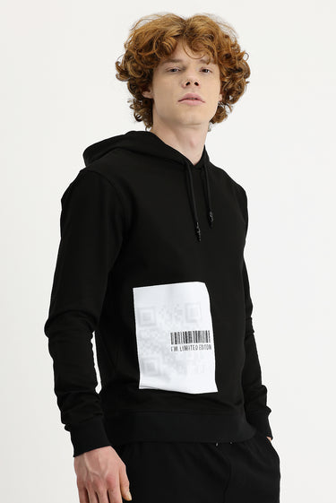 Siyah Kapüşonlu Baskılı Pamuklu Sweatshirt