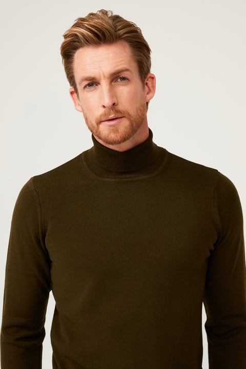 Orta Haki Balıkçı Yaka Regular Fit Triko Kazak